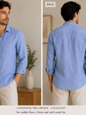 Men's Sky Blue Casual Button-Down Shirt - Lightweight 100% Linen